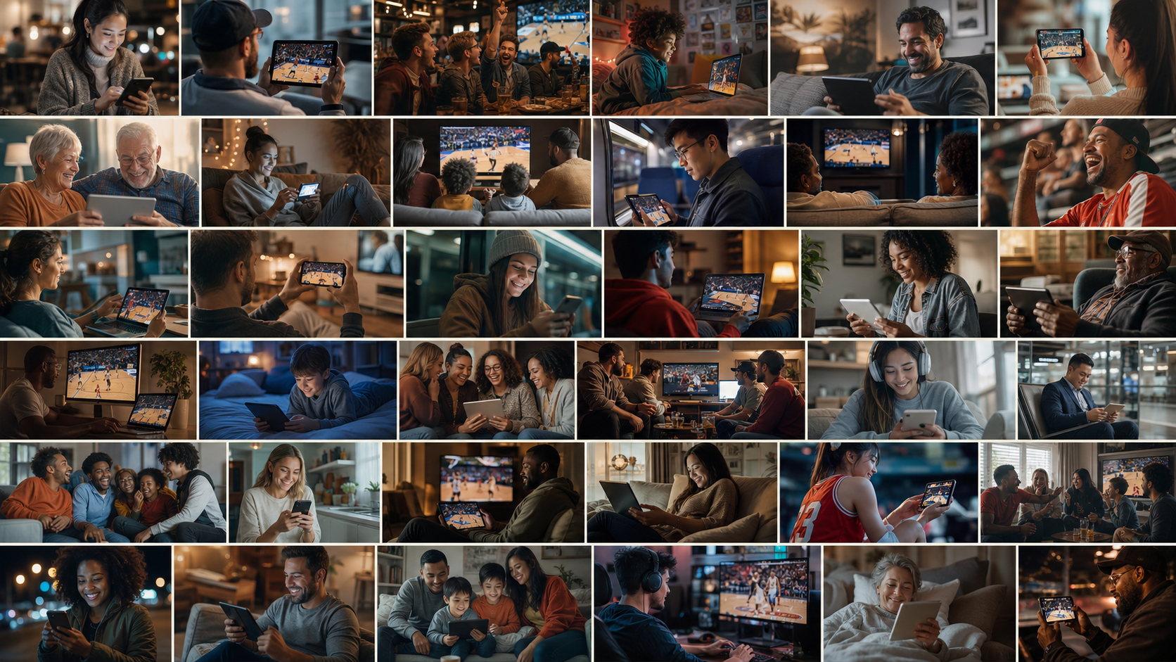 A mosaic of live-sports viewers across devices, locations and demographics — phones, tablets, laptops, living rooms, bars and on-the-go.