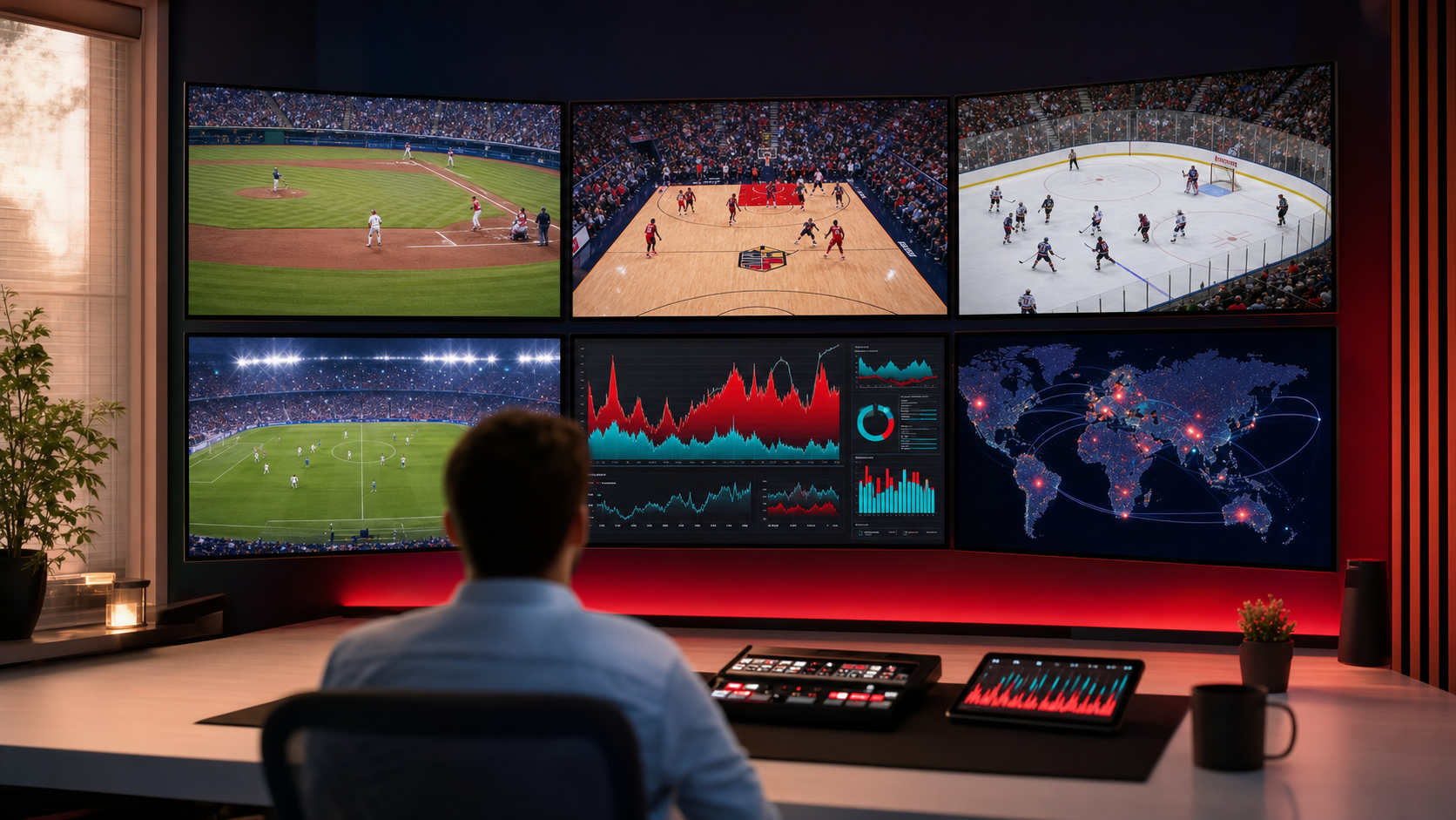 Operations center showing live sports streams across baseball, basketball, hockey and soccer alongside concurrent-viewer analytics and a global distribution map
