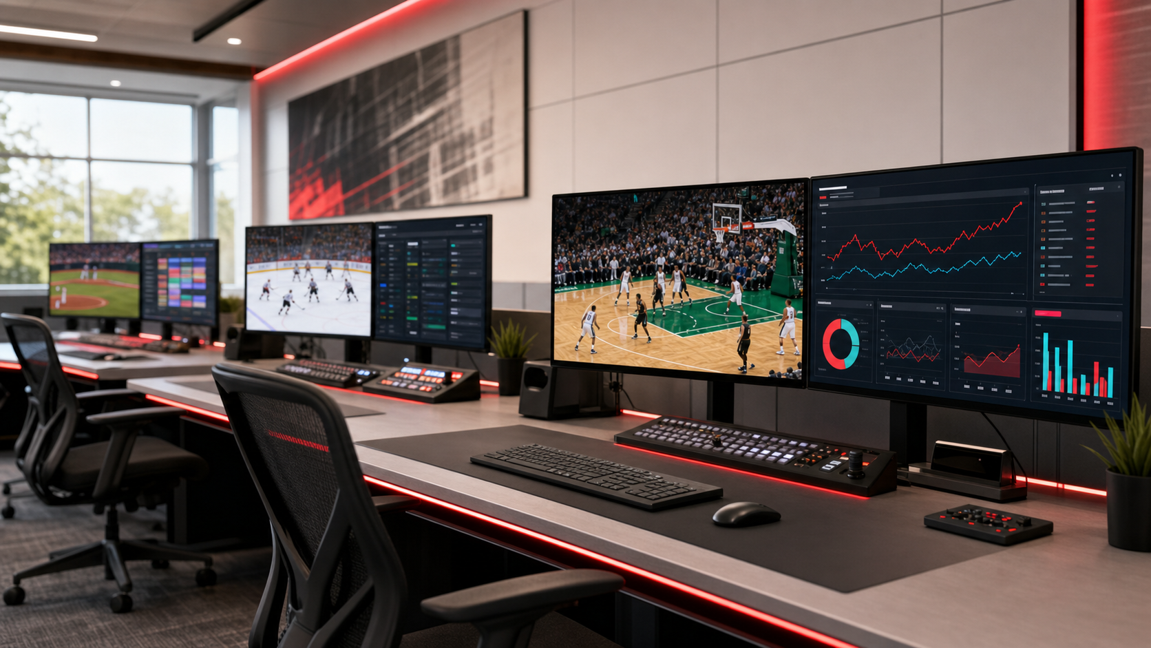 Modern operations room with three sports-media operators at workstations. NBA basketball broadcast and an advertising-revenue dashboard in the foreground; NHL and MLB feeds in the background.