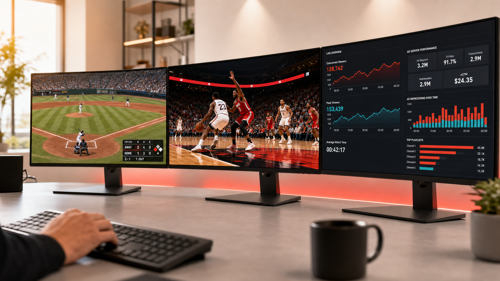 Live MLB and NBA broadcasts running across two monitors next to a live ad-server dashboard tracking concurrent viewers, fill rate, eCPM and impressions.