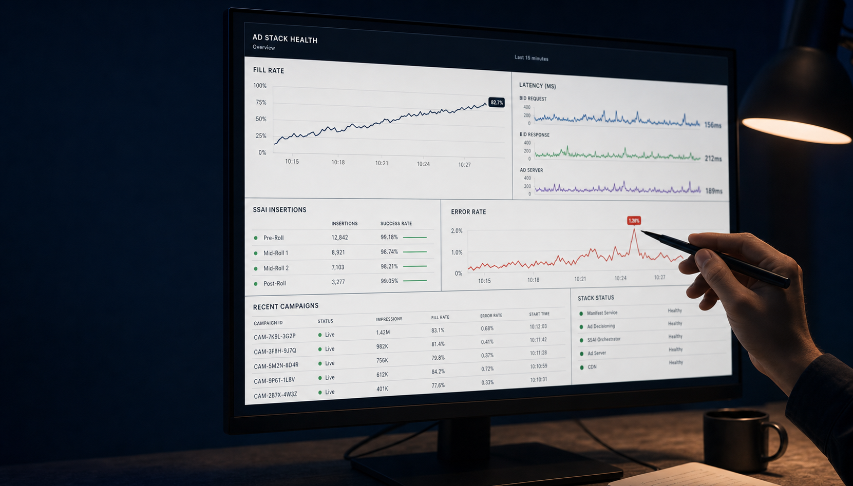 Close-up of an ad-stack dashboard with live campaign delivery metrics — fill rate, eCPM, impressions, error rate.