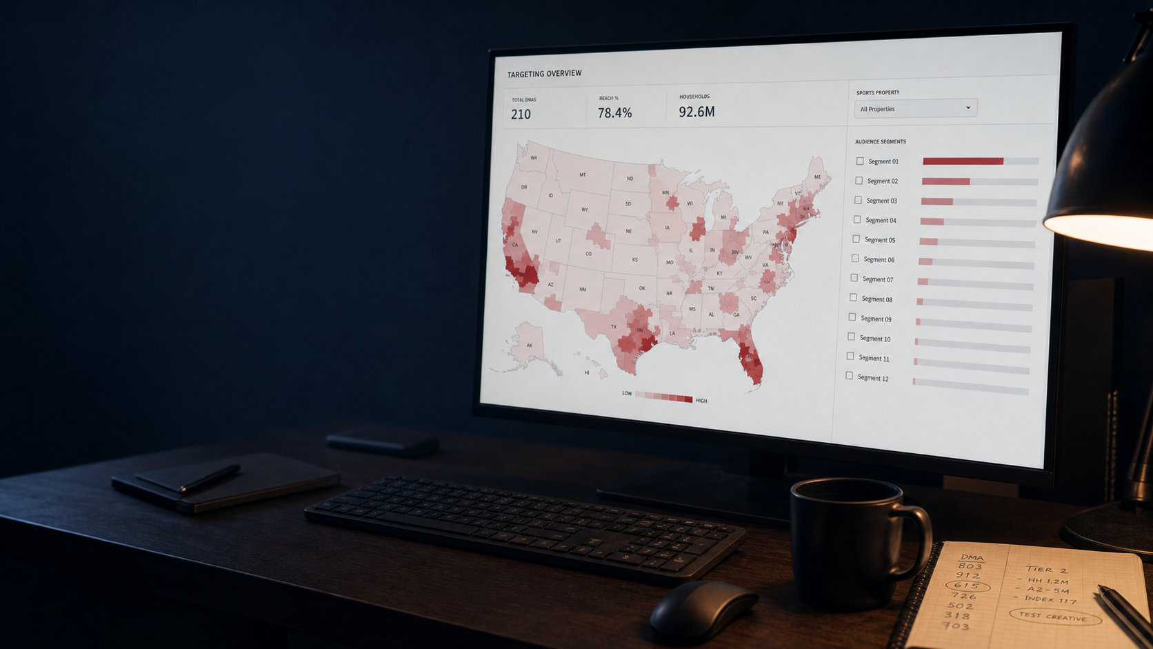 Targeting dashboard showing audience segments and CTV inventory delivery metrics.