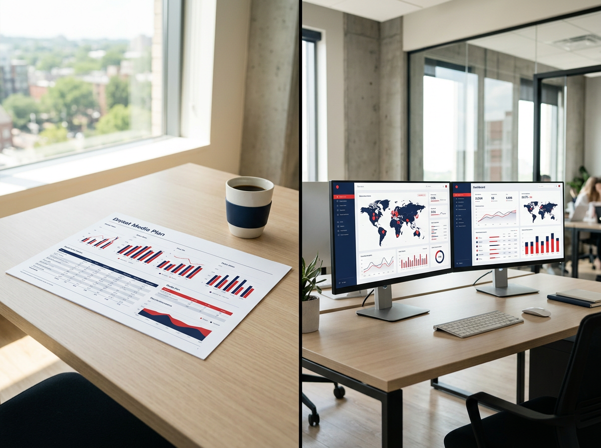 Split image: a printed media plan and a clean dashboard view representing direct-deal and programmatic paths into OTTA inventory.